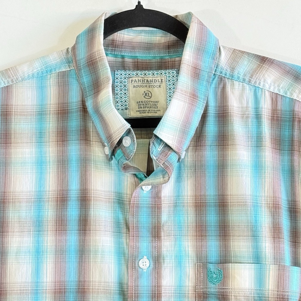 Panhandle Mens XL Aqua Blue Tan Plaid Cowboy Rodeo Farmcore Casual Button Shirt
